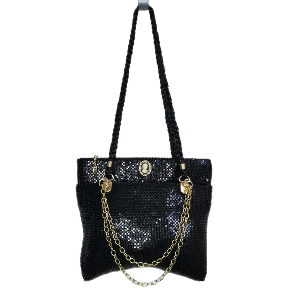 Vintage Black Metallic Mesh Shoulder Bag with Cameo Brooch & Gold Chain